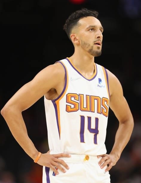 Landry Shamet of the Phoenix Suns during the NBA preseason game at Footprint Center on October 06, 2021 in Phoenix, Arizona. The Suns defeated the...