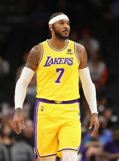 Carmelo Anthony of the Los Angeles Lakers during the NBA preseason game at Footprint Center on October 06, 2021 in Phoenix, Arizona. The Suns...