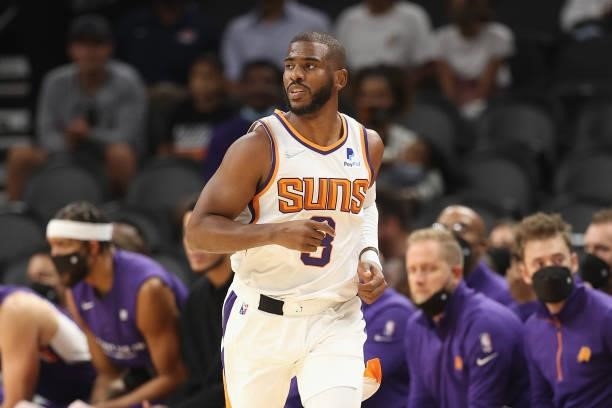 Chris Paul of the Phoenix Suns during the NBA preseason game at Footprint Center on October 06, 2021 in Phoenix, Arizona. The Suns defeated the...