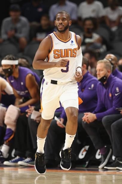 Chris Paul of the Phoenix Suns during the NBA preseason game at Footprint Center on October 06, 2021 in Phoenix, Arizona. The Suns defeated the...