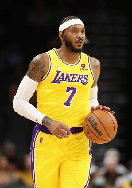 Carmelo Anthony of the Los Angeles Lakers handles the ball during the NBA preseason game at Footprint Center on October 06, 2021 in Phoenix, Arizona....