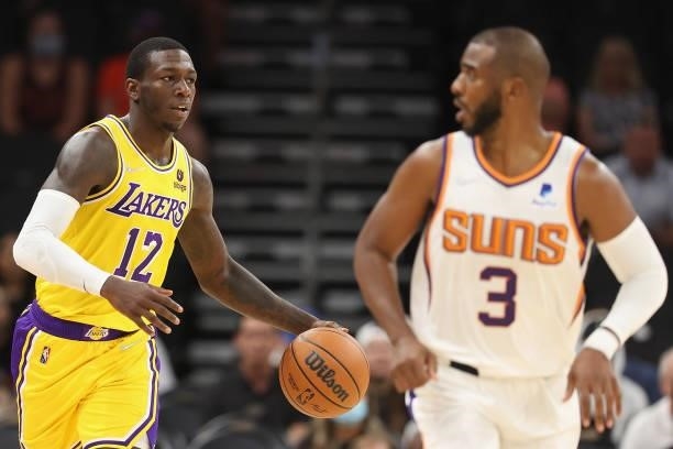 Kendrick Nunn of the Los Angeles Lakers handles the ball during the NBA preseason game at Footprint Center on October 06, 2021 in Phoenix, Arizona....