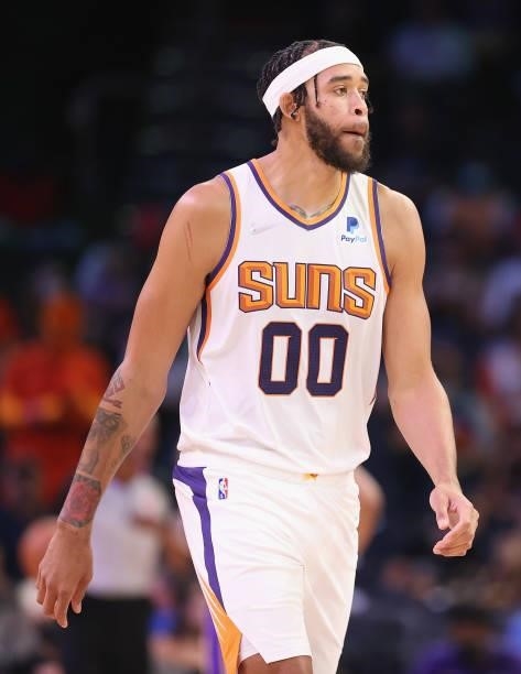 JaVale McGee of the Phoenix Suns during the NBA preseason game at Footprint Center on October 06, 2021 in Phoenix, Arizona. The Suns defeated the...