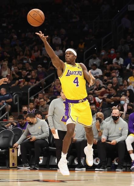 Rajon Rondo of the Los Angeles Lakers attempts a shot during the NBA preseason game at Footprint Center on October 06, 2021 in Phoenix, Arizona. The...