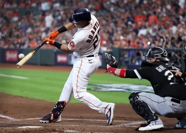 Michael Brantley of the Houston Astros grounds out during the 1st inning of Game 1 of the American League Division Series against the Chicago White...