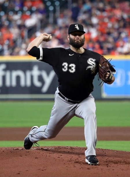 Starting pitcher Lance Lynn of the Chicago White Sox pitches during the 1st inning of Game 1 of the American League Division Series against the...