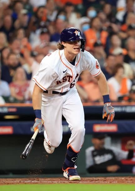 Jake Meyers of the Houston Astros singles to drive in the Astros' first run during the 2nd inning of Game 1 of the American League Division Series...