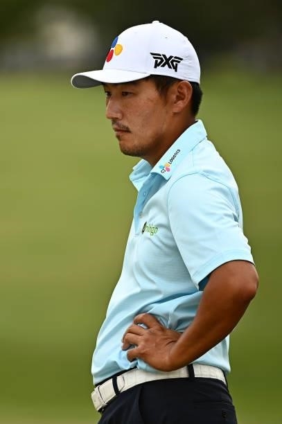 Sung Kang of South Korea stands on the ninth hole green during round one of the Shriners Children's Open at TPC Summerlin on October 07, 2021 in Las...