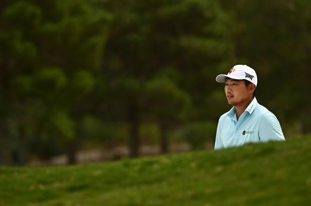 Sung Kang of South Korea stands on the ninth hole during round one of the Shriners Children's Open at TPC Summerlin on October 07, 2021 in Las Vegas,...