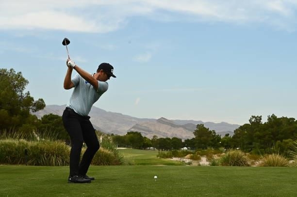 Seamus Power hits his tee shot on the ninth hole during round one of the Shriners Children's Open at TPC Summerlin on October 07, 2021 in Las Vegas,...