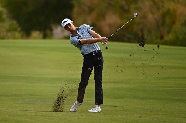 Will Zalatoris hits his second shot on the 18th hole during round one of the Shriners Children's Open at TPC Summerlin on October 07, 2021 in Las...
