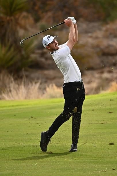 Bronson Burgoon hits his second shot on the 18th hole during round one of the Shriners Children's Open at TPC Summerlin on October 07, 2021 in Las...