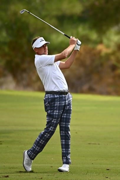Ian Poulter hits his second shot on the 18th hole during round one of the Shriners Children's Open at TPC Summerlin on October 07, 2021 in Las Vegas,...