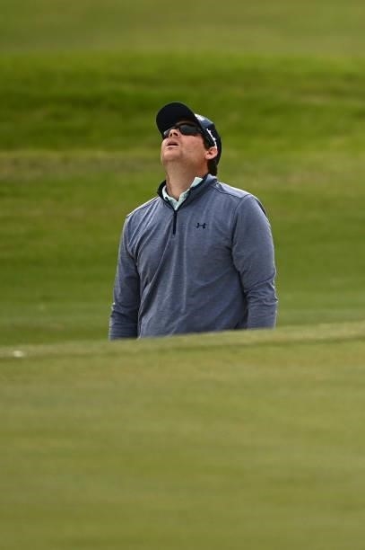 Adam Schenk reacts to a shot on the ninth hole during round one of the Shriners Children's Open at TPC Summerlin on October 07, 2021 in Las Vegas,...