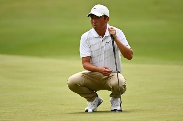 Doug Ghim lines up his putt on the ninth hole during round one of the Shriners Children's Open at TPC Summerlin on October 07, 2021 in Las Vegas,...