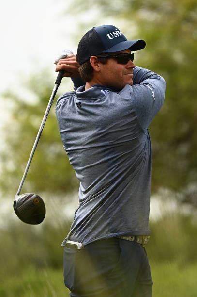 Adam Schenk hits his tee shot on the ninth hole during round one of the Shriners Children's Open at TPC Summerlin on October 07, 2021 in Las Vegas,...