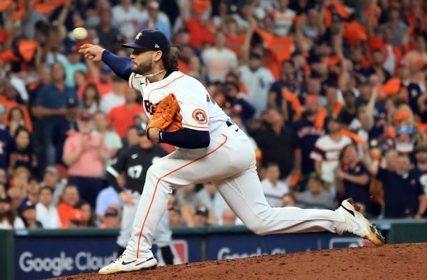 Starting pitcher Lance McCullers Jr. #43 pitches during the 7th inning of Game 1 of the American League Division Series against the Chicago White Sox...