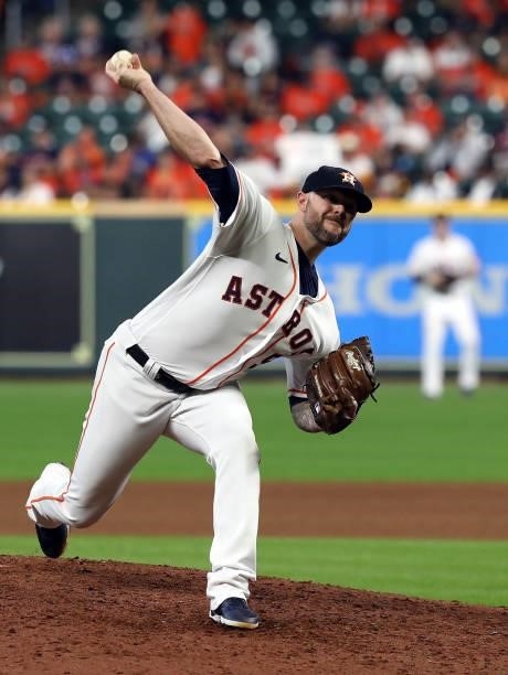 Ryan Pressly of the Houston Astros pitches during the 8th inning of Game 1 of the American League Division Series against the Chicago White Sox at...