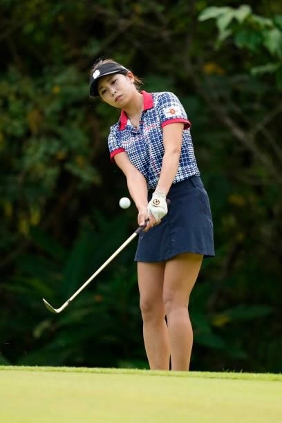 Kaho Kumagai of Japan chips onto the 1st green during the second round of Kanehide Miyarabi Open at the Kanehide Kise Country Club on October 8, 2021...