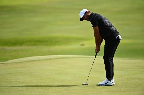 Brooks Koepka putts on the ninth hole during round one of the Shriners Children's Open at TPC Summerlin on October 07, 2021 in Las Vegas, Nevada.