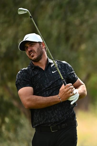 Brooks Koepka hits his tee shot on the eighth hole during round one of the Shriners Children's Open at TPC Summerlin on October 07, 2021 in Las...