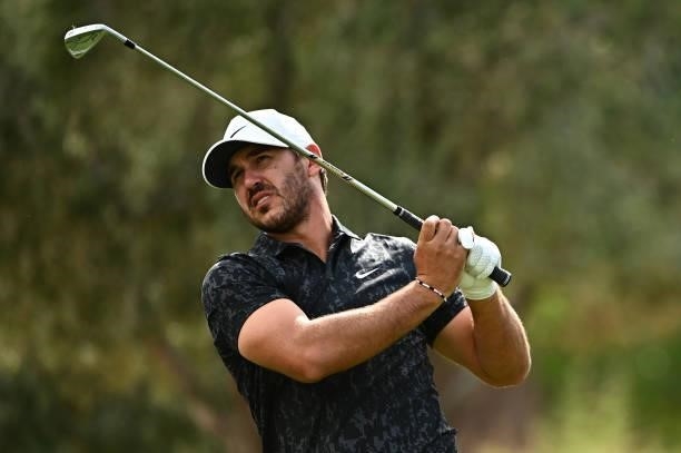 Brooks Koepka hits his tee shot on the eighth hole during round one of the Shriners Children's Open at TPC Summerlin on October 07, 2021 in Las...