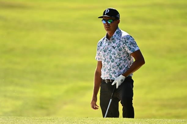 Rickie Fowler reacts to a shot from the bunker on the 11th hole during round one of the Shriners Children's Open at TPC Summerlin on October 07, 2021...
