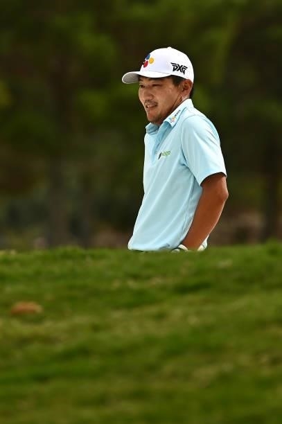 Sung Kang of South Korea stands on the ninth hole during round one of the Shriners Children's Open at TPC Summerlin on October 07, 2021 in Las Vegas,...