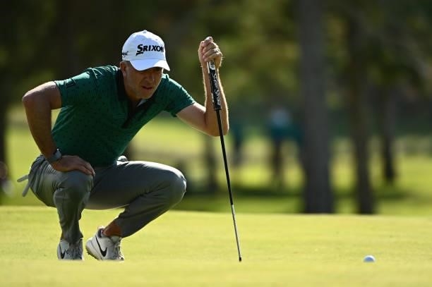 Martin Laird lines up his putt on the 11th hole during round one of the Shriners Children's Open at TPC Summerlin on October 07, 2021 in Las Vegas,...