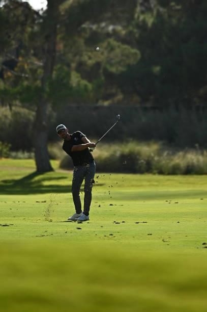 Roger Sloan hits his second shot on the 10th hole during round one of the Shriners Children's Open at TPC Summerlin on October 07, 2021 in Las Vegas,...