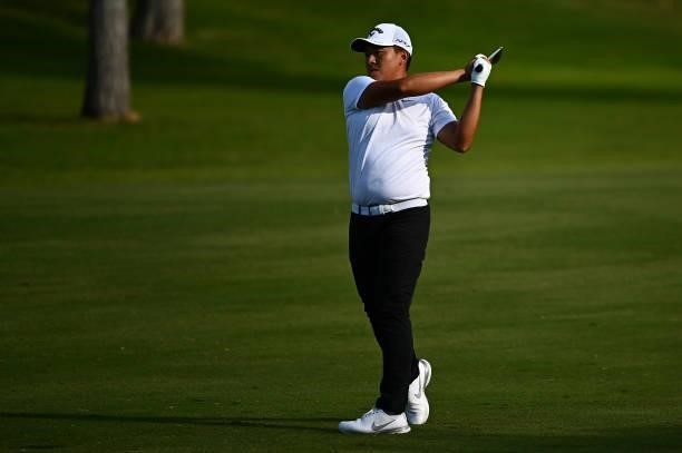 Jin Jeong hits his second shot on the ninth hole during round one of the Shriners Children's Open at TPC Summerlin on October 07, 2021 in Las Vegas,...