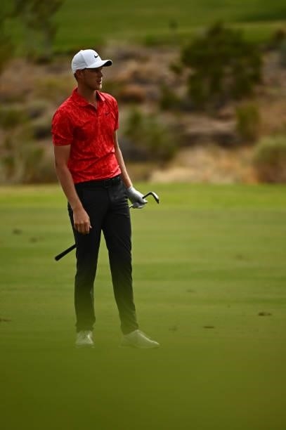 Cam Davis watches his shot on the 18th hole during round one of the Shriners Children's Open at TPC Summerlin on October 07, 2021 in Las Vegas,...