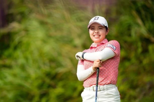 Yu Tajima of Japan smiles on the 2nd tee during the second round of Kanehide Miyarabi Open at the Kanehide Kise Country Club on October 8, 2021 in...