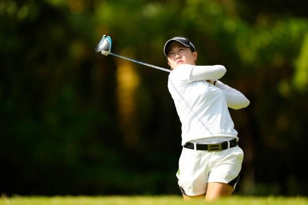 Hayuno Tateura of Japan hits her tee shot on the 2nd hole during the second round of Kanehide Miyarabi Open at the Kanehide Kise Country Club on...