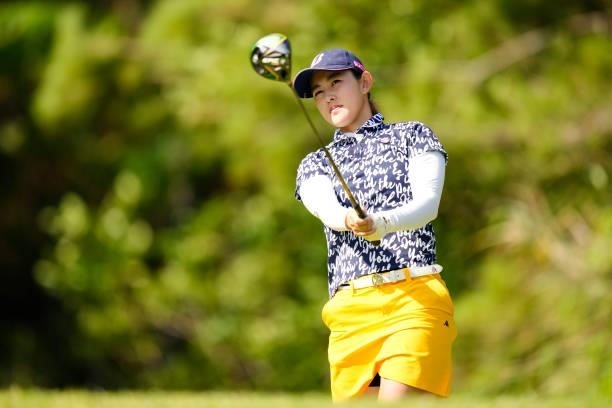 Mirai Hamasaki of Japan hits her tee shot on the 2nd hole during the second round of Kanehide Miyarabi Open at the Kanehide Kise Country Club on...