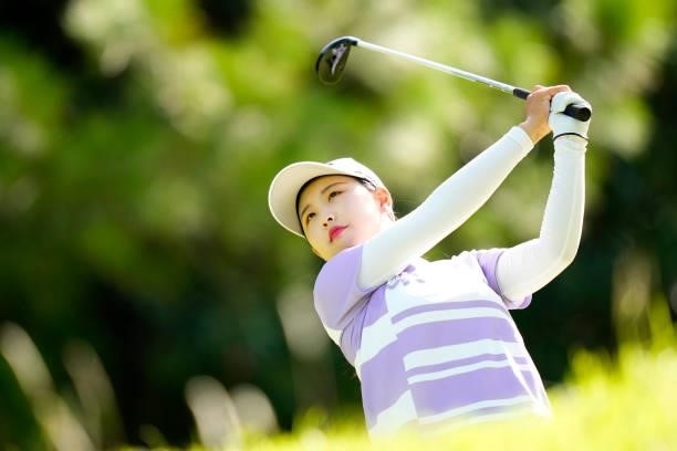 Hana Lee of South Korea hits her tee shot on the 3rd hole during the second round of Kanehide Miyarabi Open at the Kanehide Kise Country Club on...