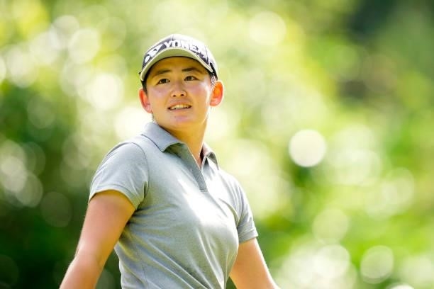 Akie Iwai of Japan reacts after her tee shot on the 3rd hole during the second round of Kanehide Miyarabi Open at the Kanehide Kise Country Club on...