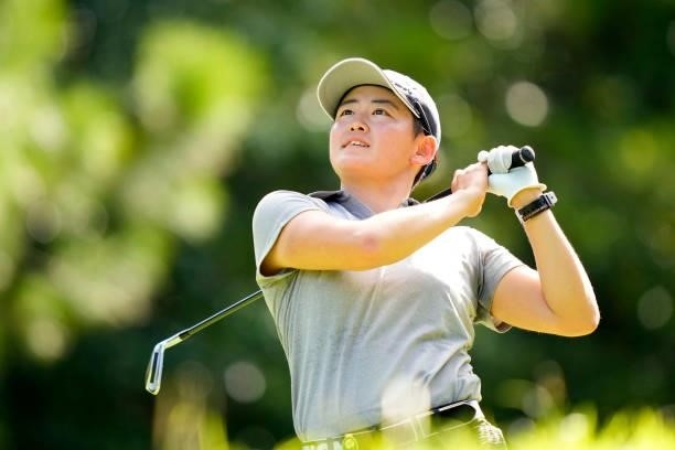 Akie Iwai of Japan hits her tee shot on the 3rd hole during the second round of Kanehide Miyarabi Open at the Kanehide Kise Country Club on October...