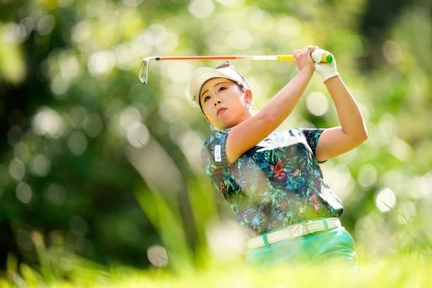 Asumi Teruyama of Japan hits her tee shot on the 3rd hole during the second round of Kanehide Miyarabi Open at the Kanehide Kise Country Club on...