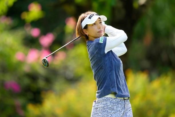 Yasuko Sato of Japan hits her tee shot on the 3rd hole during the second round of Kanehide Miyarabi Open at the Kanehide Kise Country Club on October...