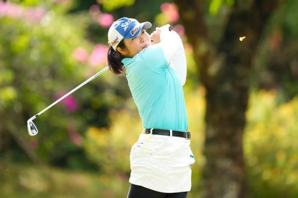 Amateur Kyo Miyagi of Japan hits her tee shot on the 3rd hole during the second round of Kanehide Miyarabi Open at the Kanehide Kise Country Club on...