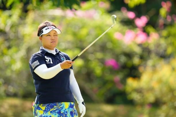 Eriko Tenra of Japan is seen before her tee shot on the 3rd hole during the second round of Kanehide Miyarabi Open at the Kanehide Kise Country Club...