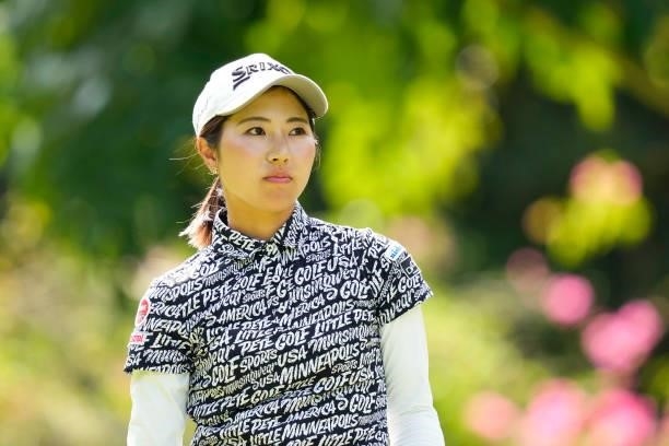 Hiromu Ono of Japan reacts after her tee shot on the 3rd hole during the second round of Kanehide Miyarabi Open at the Kanehide Kise Country Club on...