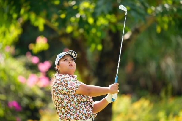 Rena Ishikawa of Japan hits her tee shot on the 3rd hole during the second round of Kanehide Miyarabi Open at the Kanehide Kise Country Club on...