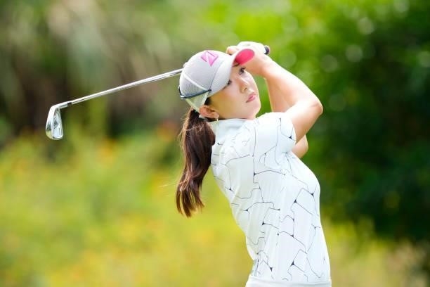 Emi Sato of Japan hits her tee shot on the 3rd hole during the second round of Kanehide Miyarabi Open at the Kanehide Kise Country Club on October 8,...