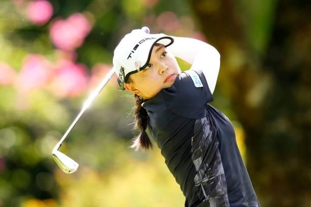 Ulala Onuki of Japan hits her tee shot on the 3rd hole during the second round of Kanehide Miyarabi Open at the Kanehide Kise Country Club on October...