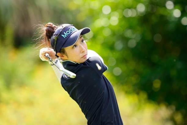 Mana Shinozaki of Japan hits her tee shot on the 3rd hole during the second round of Kanehide Miyarabi Open at the Kanehide Kise Country Club on...