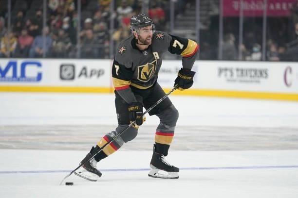 Alex Pietrangelo of the Vegas Golden Knights skates during the first period of a game against the Arizona Coyotes at T-Mobile Arena on October 07,...