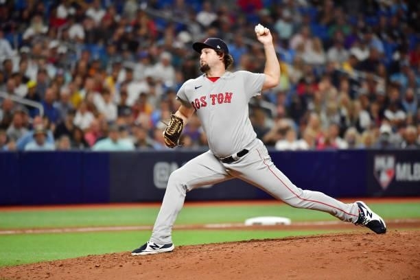Josh Taylor of the Boston Red Sox pitches in the seventh inning against the Tampa Bay Rays during Game 1 of the American League Division Series at...