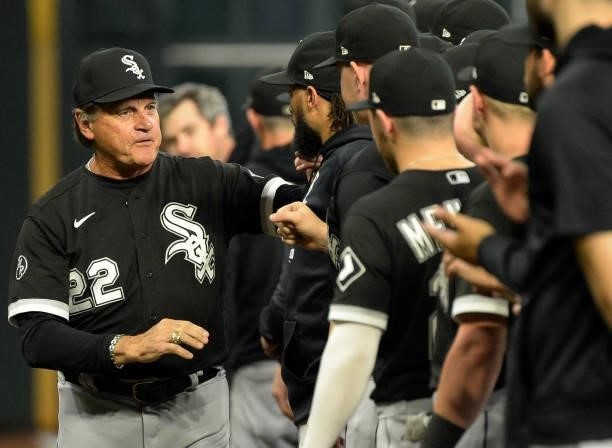 Manager Tony La Russa of the Chicago White Sox greets his players during introductions prior to Game One of the American League Division Series...